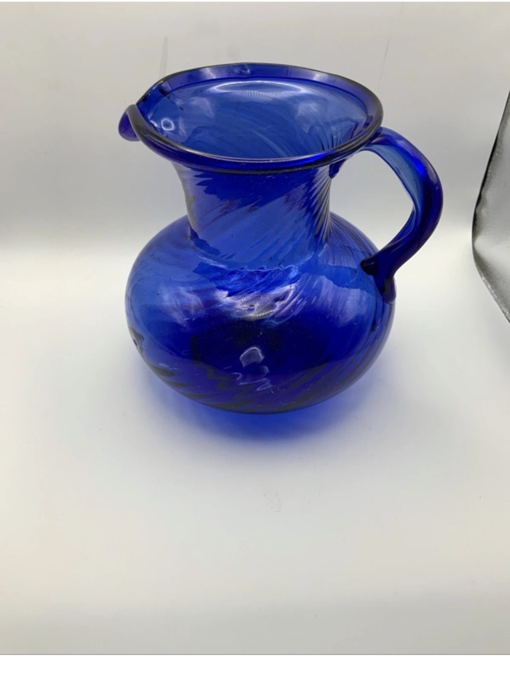 Vintage Blown Glass Cobalt Blue Pitcher, Swirl Optic, 7” Tall 5” Top Diameter